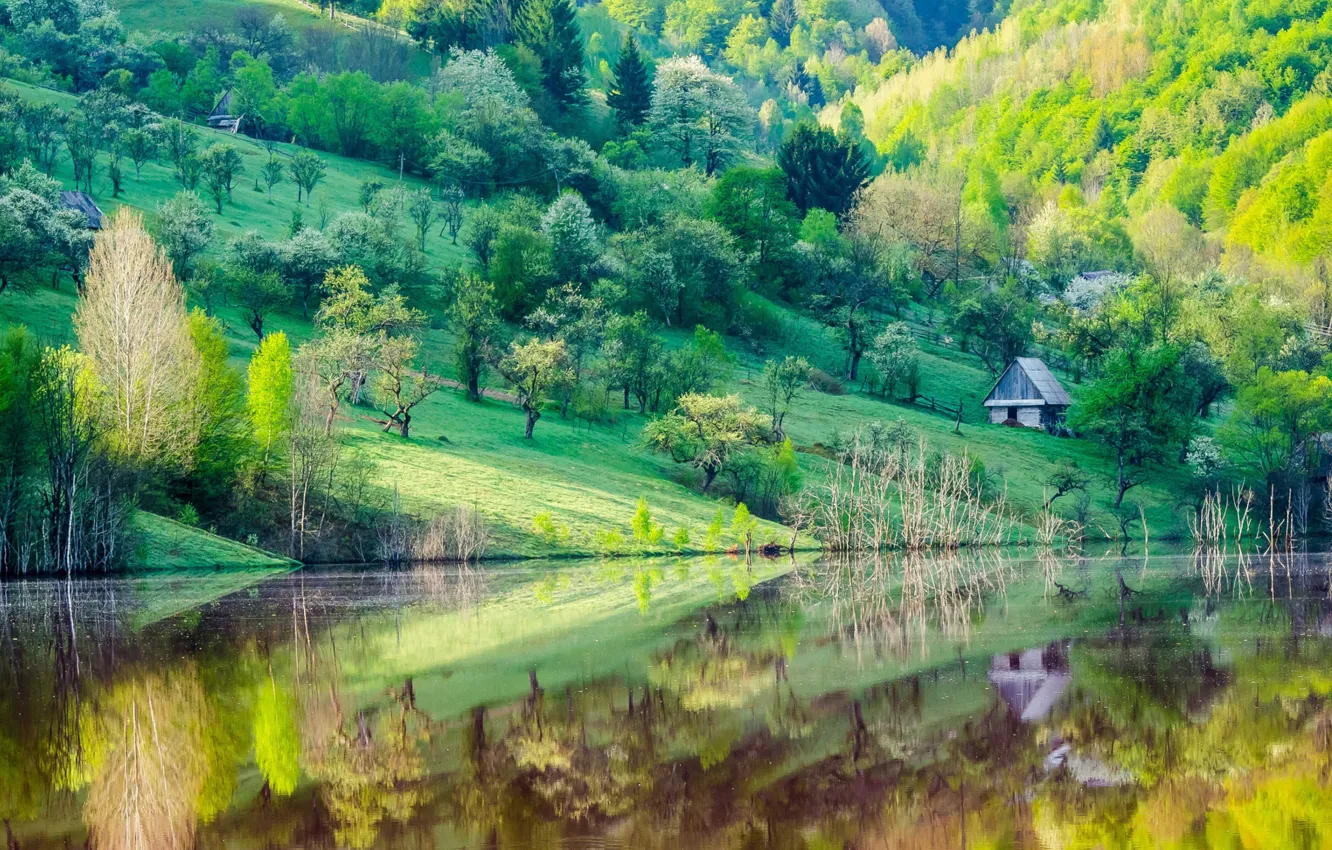 Photo wallpaper river, reflection, slope, trees, mountains