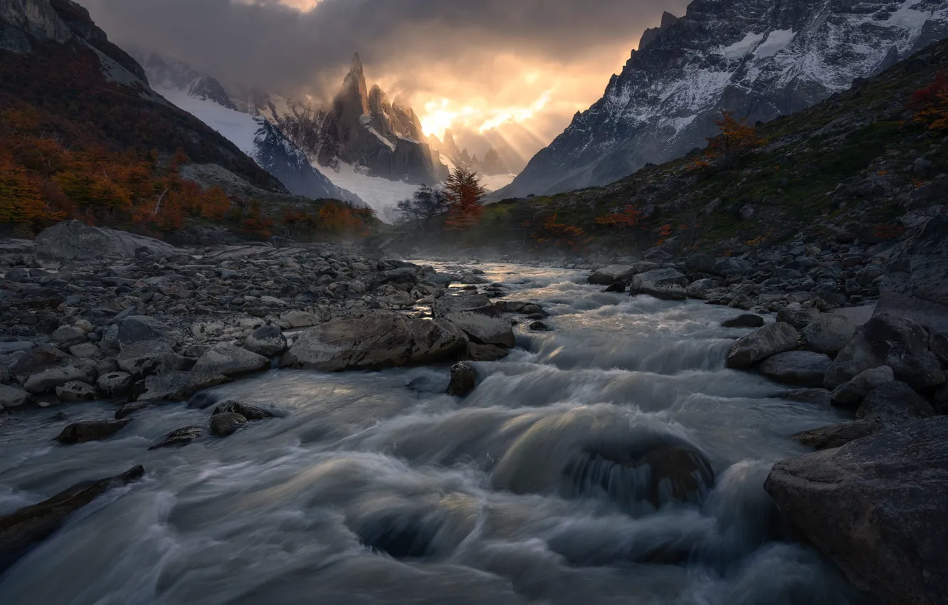 Photo wallpaper autumn, forest, mountains, river, stones, rocks, stream, Andes