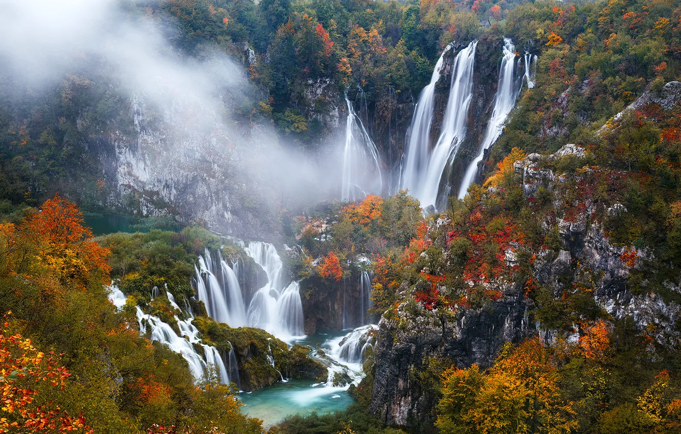 Photo wallpaper autumn, trees, rocks, waterfall, Croatia, Plitvice