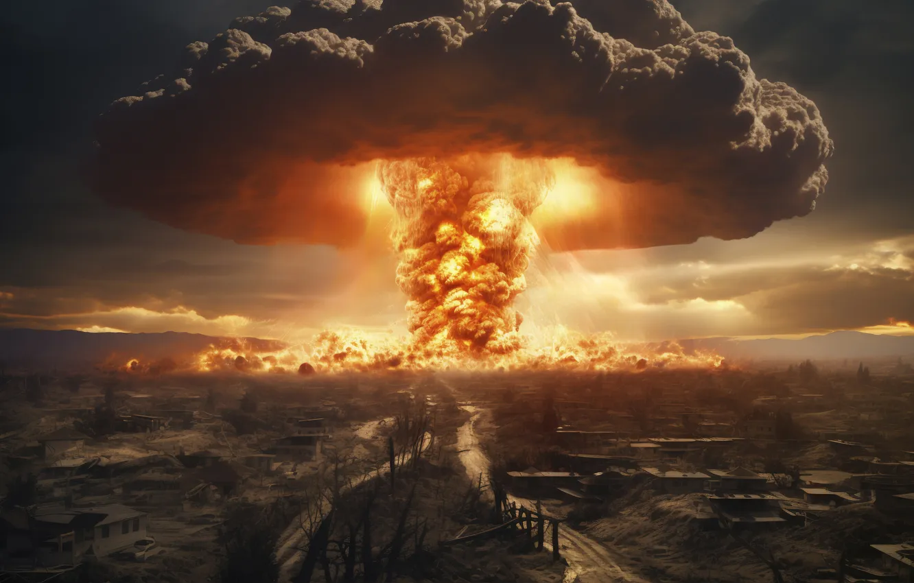 Photo wallpaper clouds, the explosion, mushrooms, a nuclear explosion, digital art, nuclear weapons, AI art, The Art …