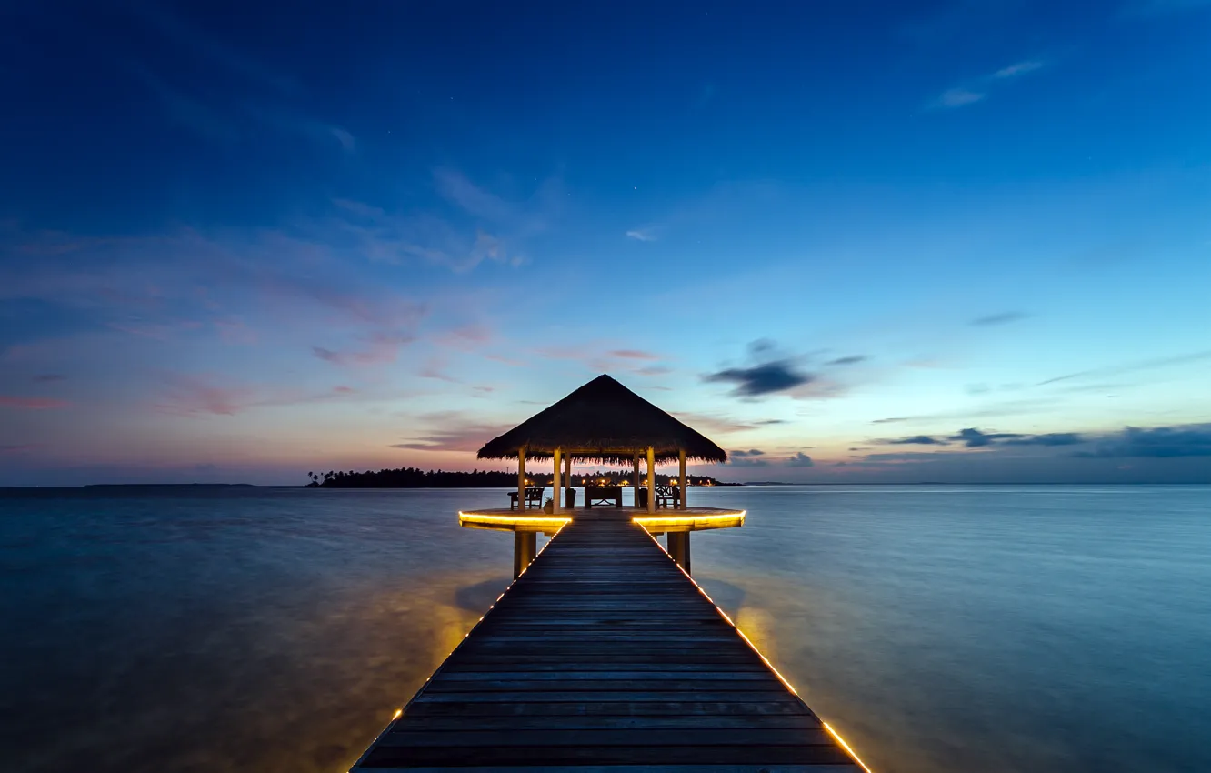 Photo wallpaper landscape, sunset, the ocean, resort, Bungalow, Maldives, Kihaadhuffaru Island