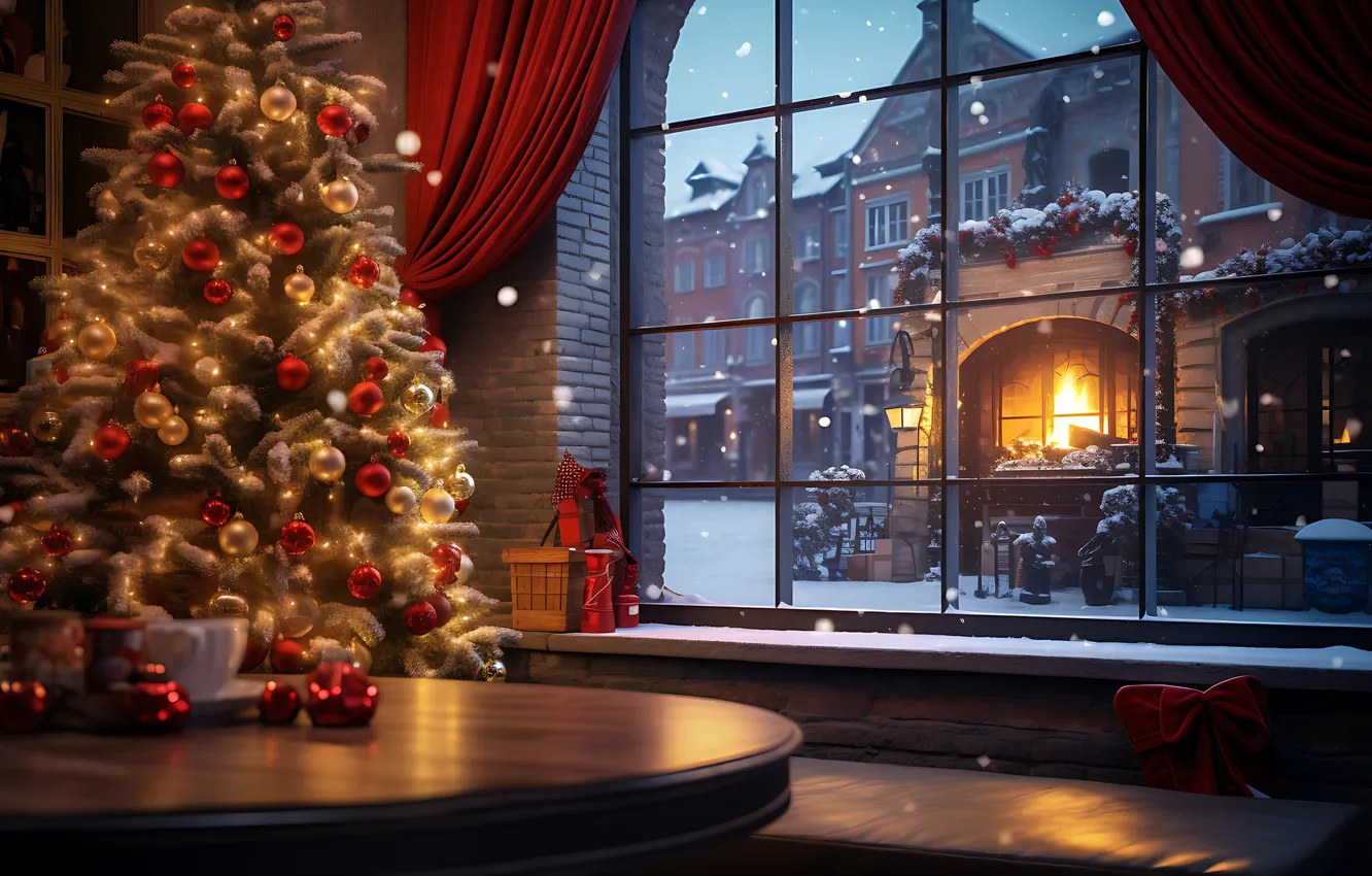 Photo wallpaper winter, snow, the city, room, balls, tree, interior, window