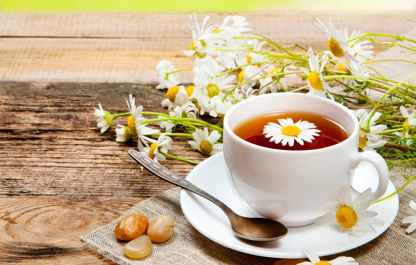 Photo wallpaper flowers, tea, chamomile, mug, drink, spoon, saucer