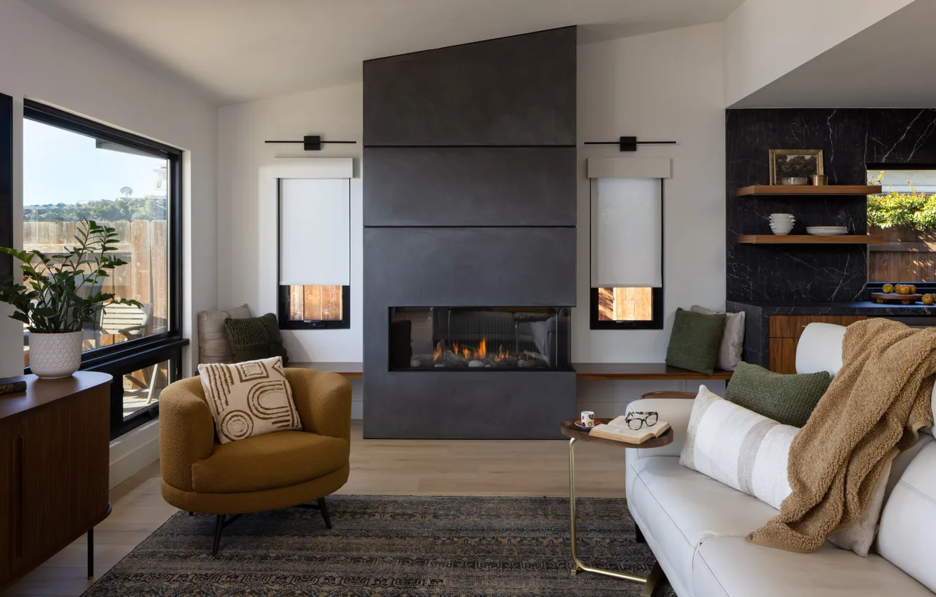 Photo wallpaper design, style, interior, kitchen, fireplace, living room, upholstered furniture