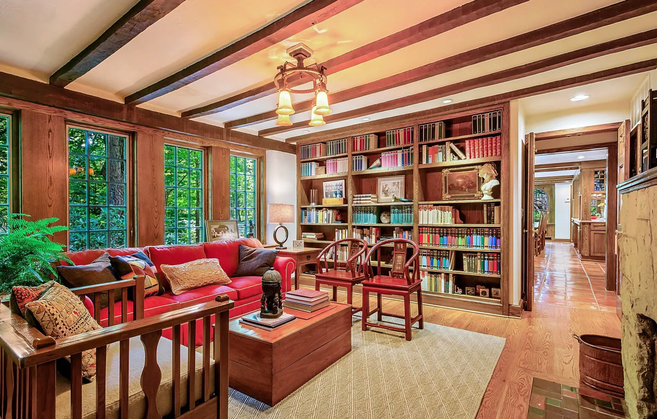 Photo wallpaper design, style, interior, fireplace, library, living room, Michigan, Roger Ebert's home