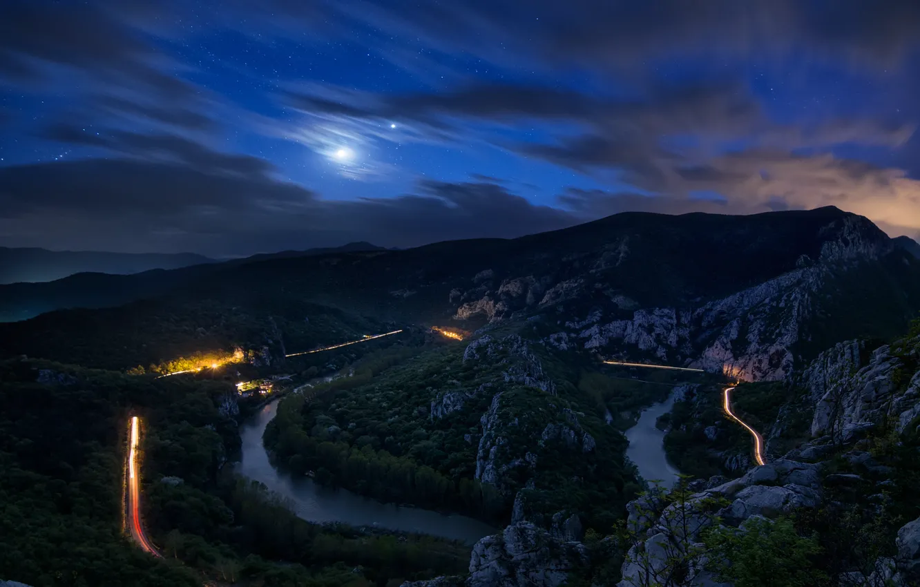 Photo wallpaper road, forest, clouds, trees, mountains, night, river, stones