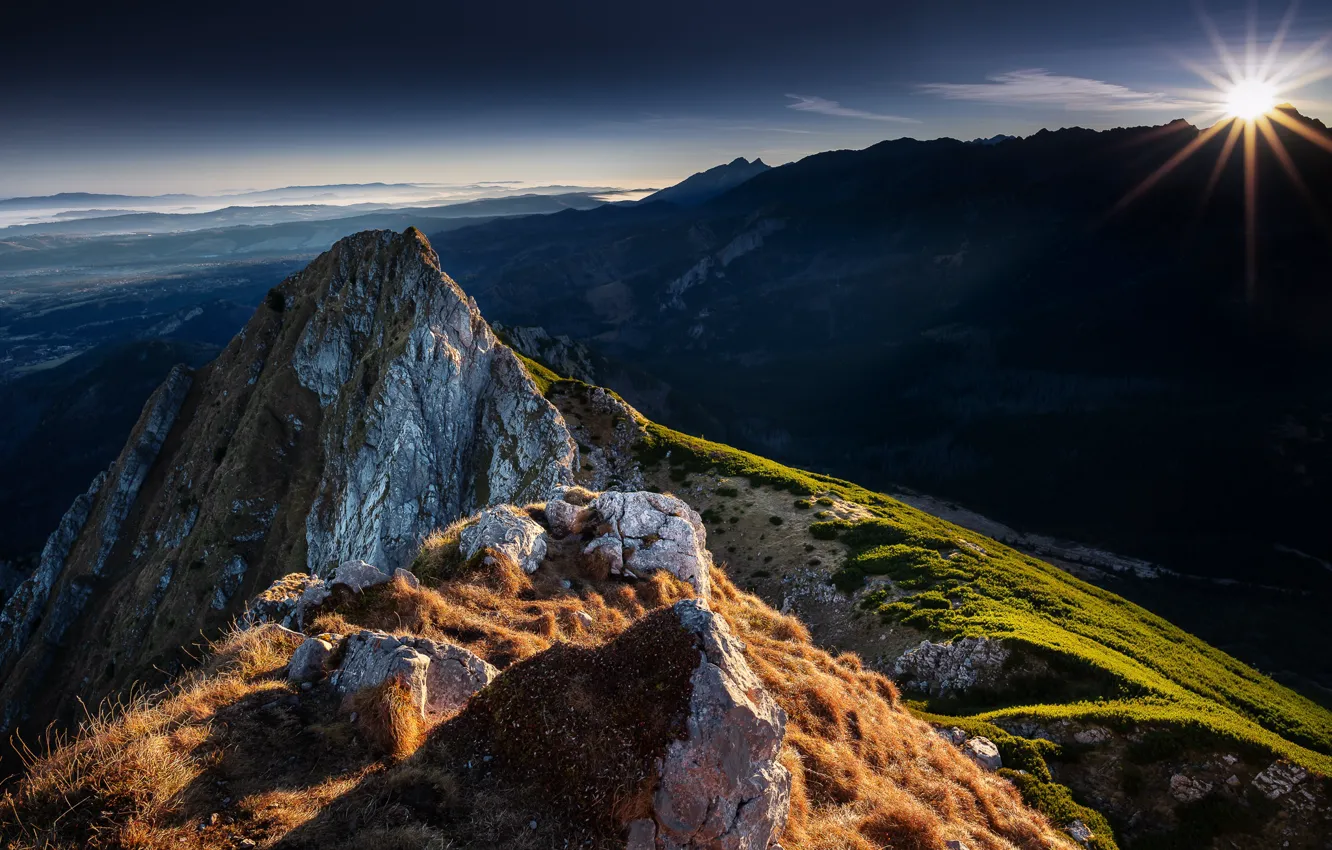 Photo wallpaper the sun, rays, landscape, mountains, nature, Poland