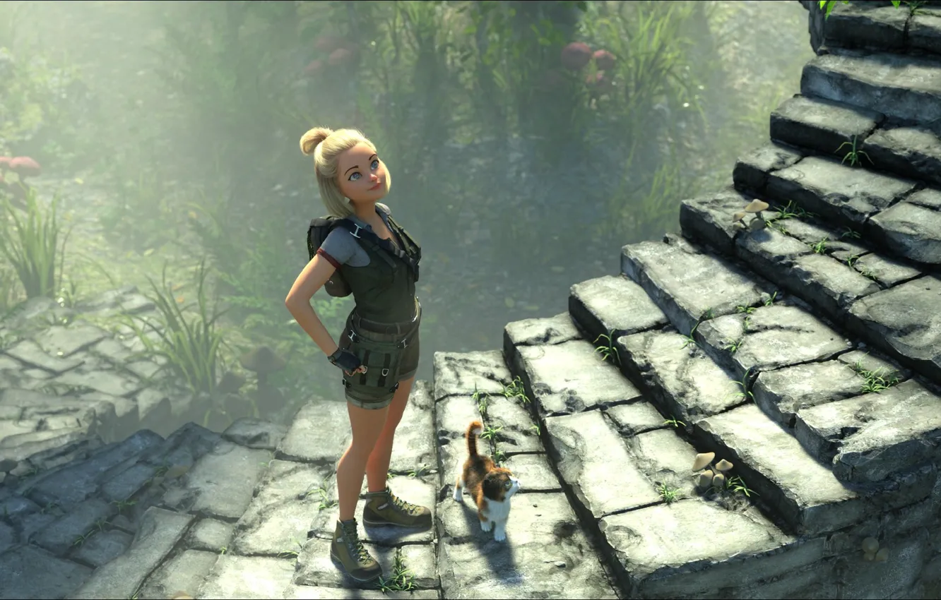 Photo wallpaper cat, fiction, fantasy, two, two, cats, rendering, Stairway to heaven