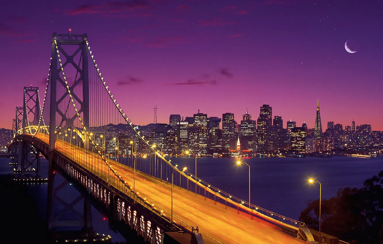 Photo wallpaper world, twilight, sunset, San Francisco, long exposure, night time, Oakland Bay Bridge, Crescent moon