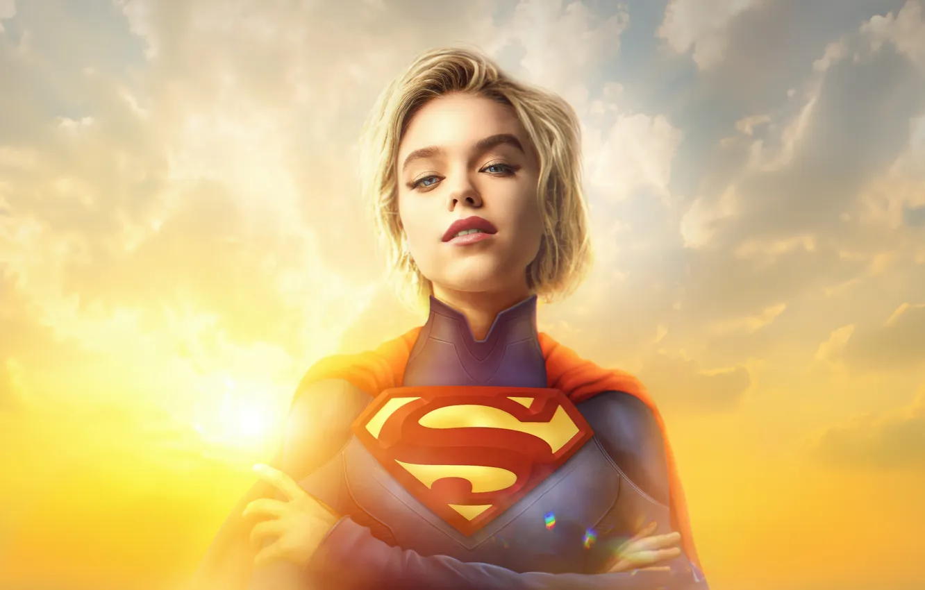 Photo wallpaper clouds, light, smile, fantasy, blonde, superhero, sunlight, cute girl