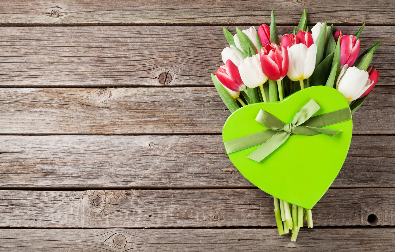 Photo wallpaper flowers, gift, bouquet, tulips, red, love, white, heart