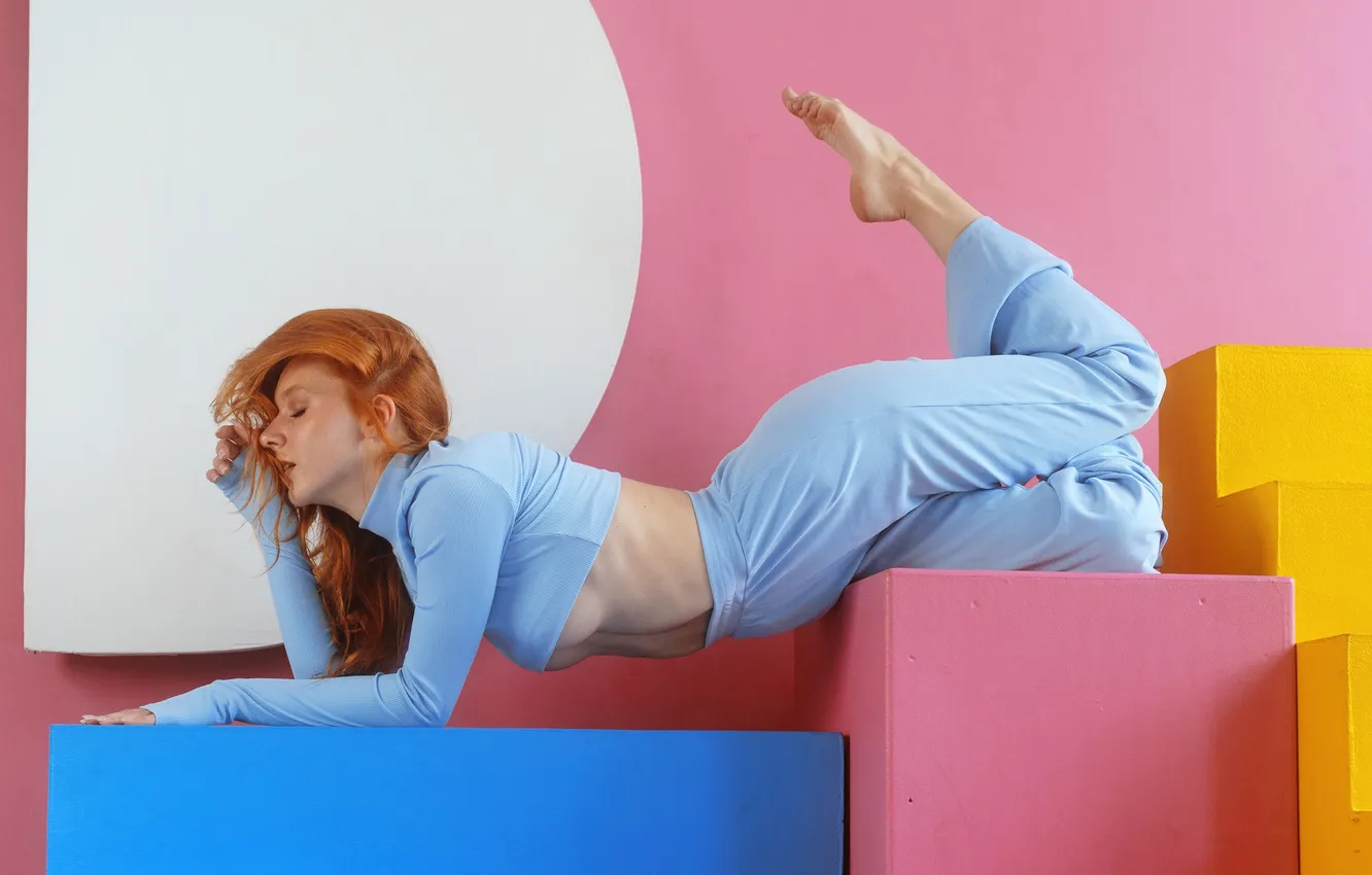 Photo wallpaper barefoot, women, Underboob, blue clothing, Victor Kozhin, Elizaveta Kurilko