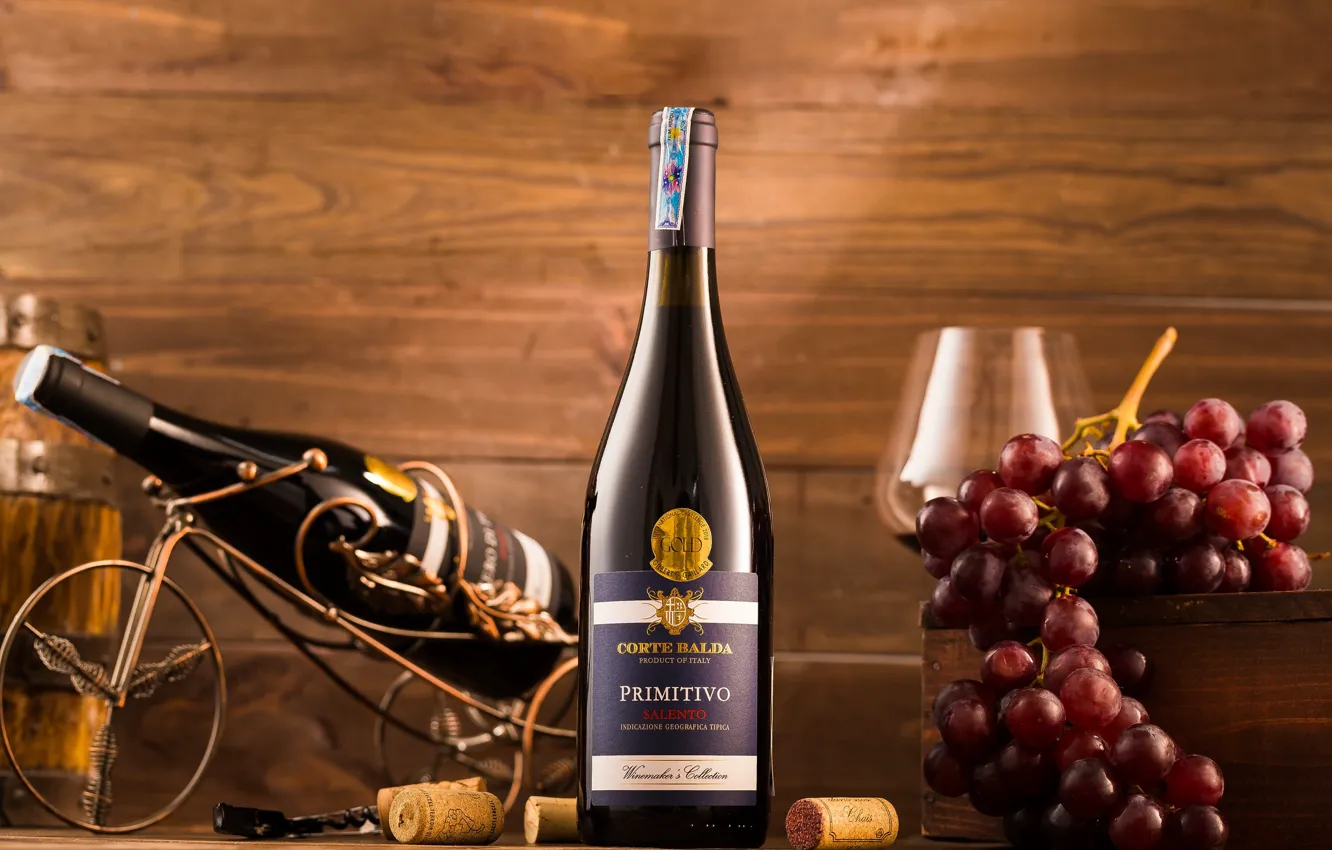 Photo wallpaper bottle, wine, grapes, glass