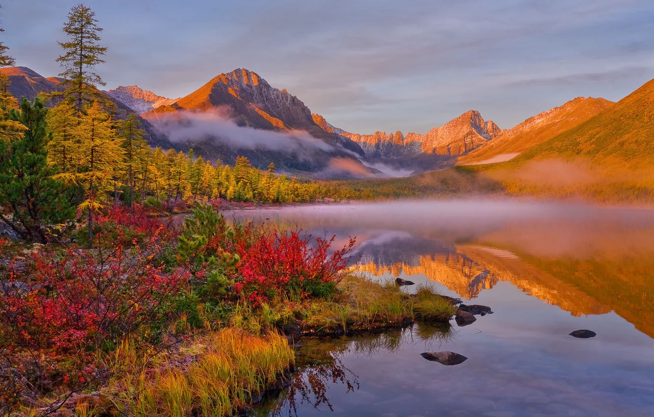 Photo wallpaper autumn, clouds, landscape, mountains, nature, fog, lake, reflection
