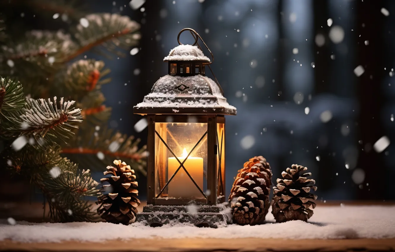 Photo wallpaper winter, snow, night, new year, Christmas, lights, Christmas, night