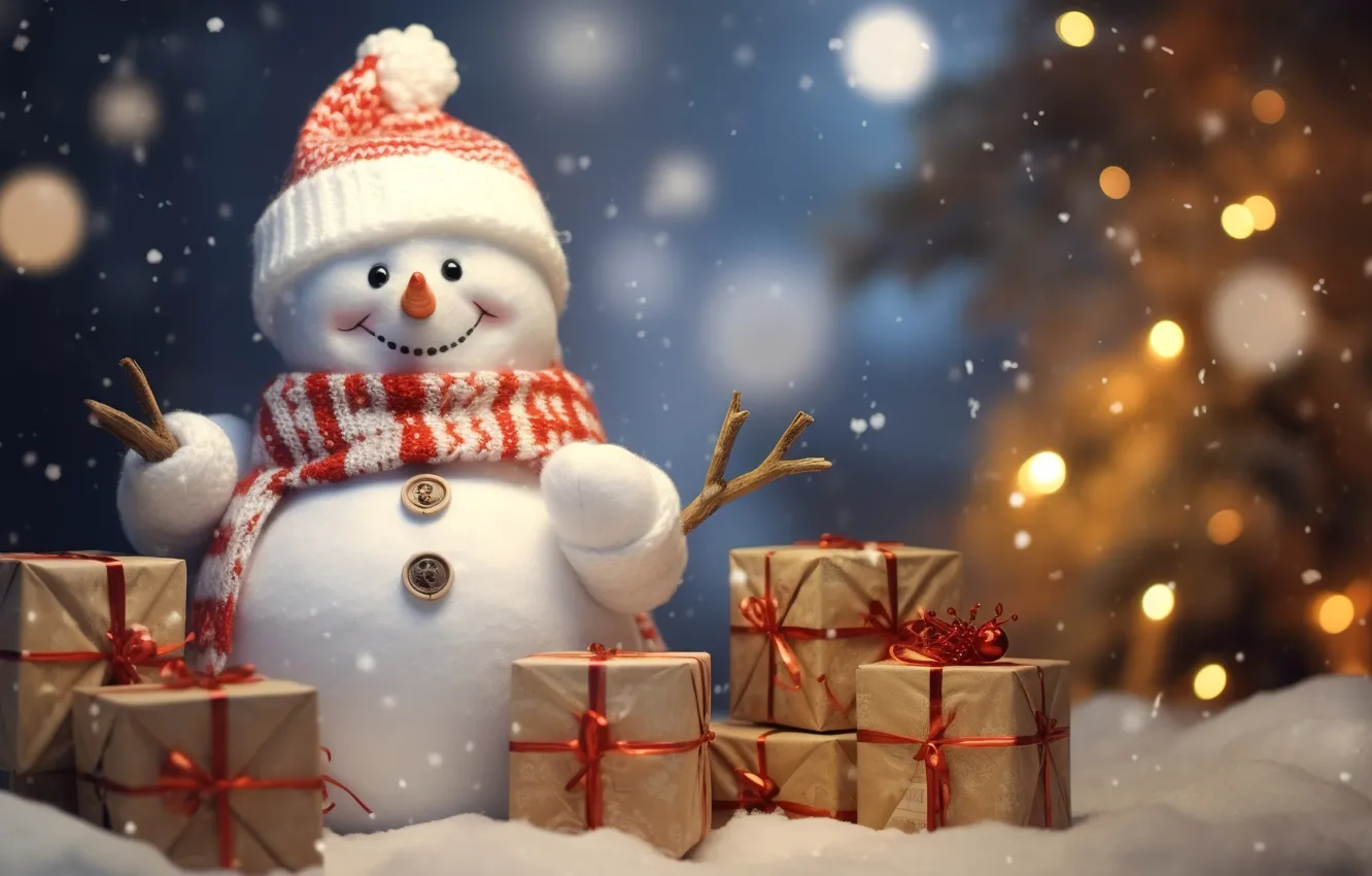 Photo wallpaper winter, snow, New Year, Christmas, gifts, snowman, Christmas, winter