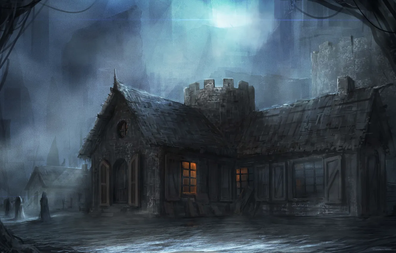 Photo wallpaper night, the city, building, art, gloomy, cloudminedesign