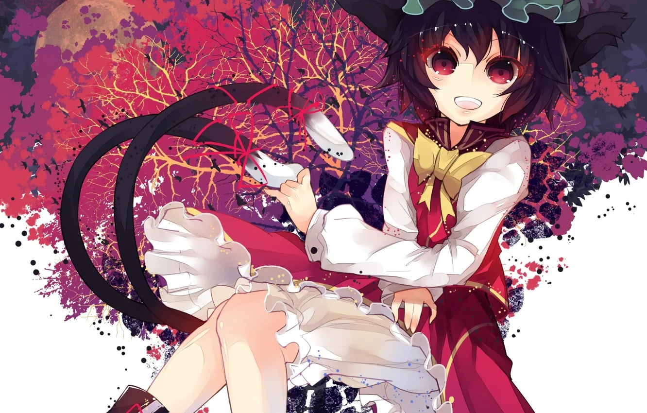 Photo wallpaper girl, smile, art, tail, cap, ears, touhou, rain lan