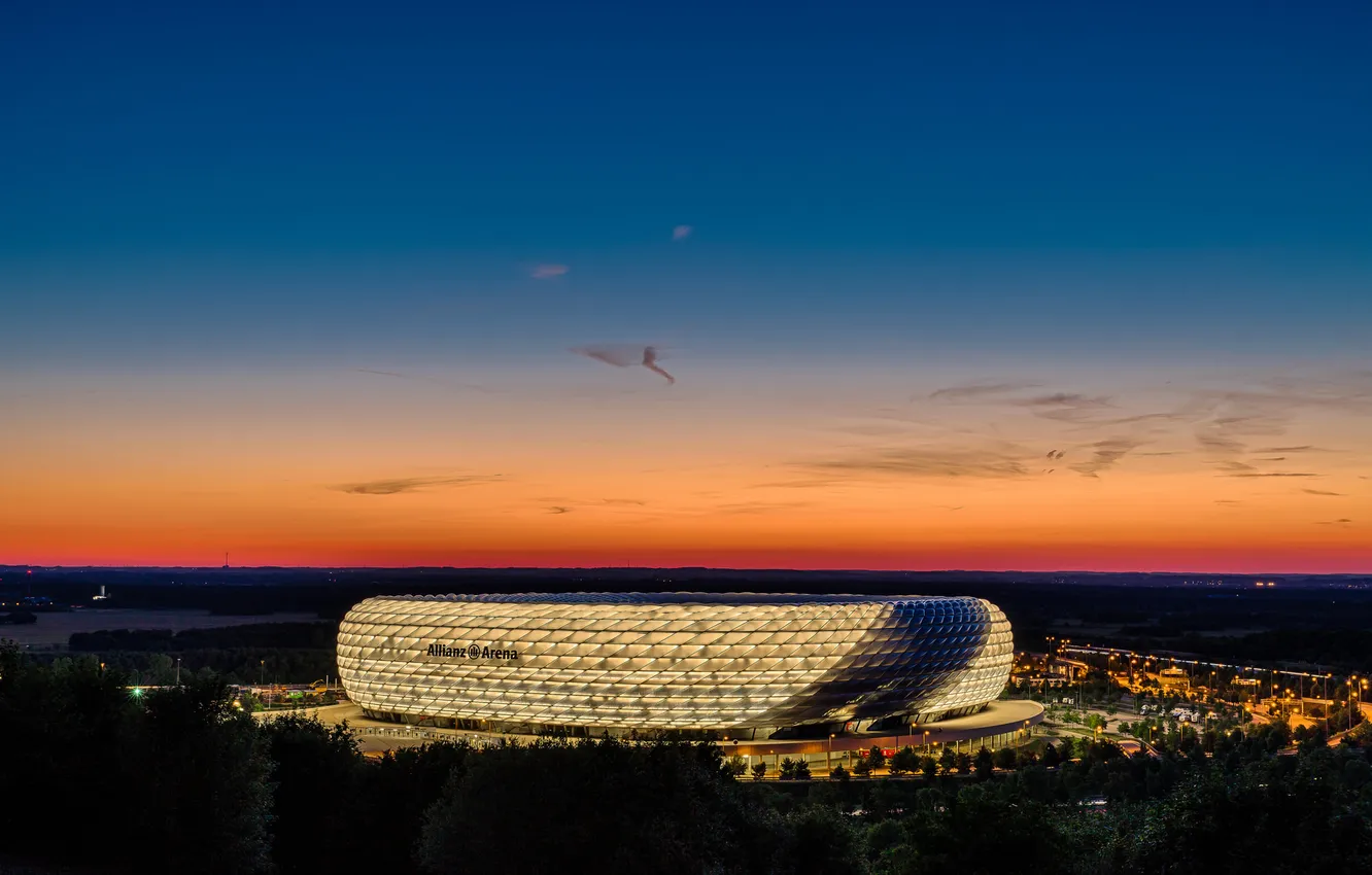 Photo wallpaper the sky, lights, the evening, Germany, Munich, glow, the Allianz arena