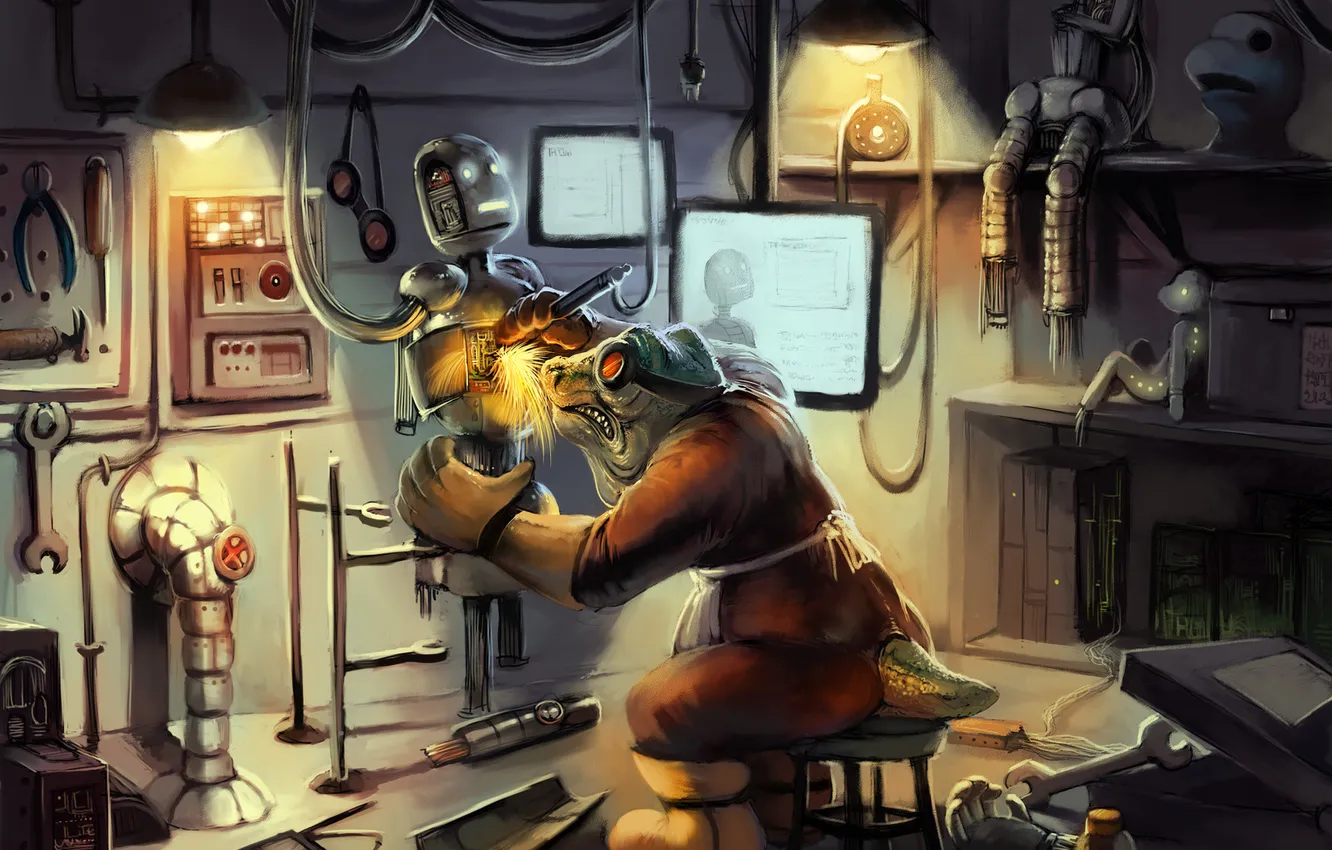 Photo wallpaper robot, mechanic, drawing, tool, workshop, details, Mechanical engineer