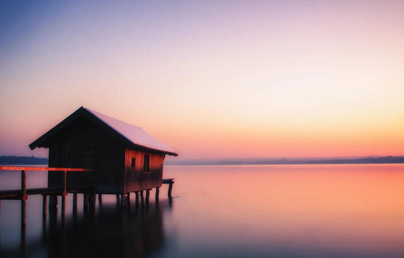 Photo wallpaper sunset, lake, pier