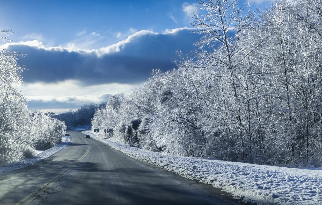 Photo wallpaper winter, road, machine, snow, landscape, blue sky