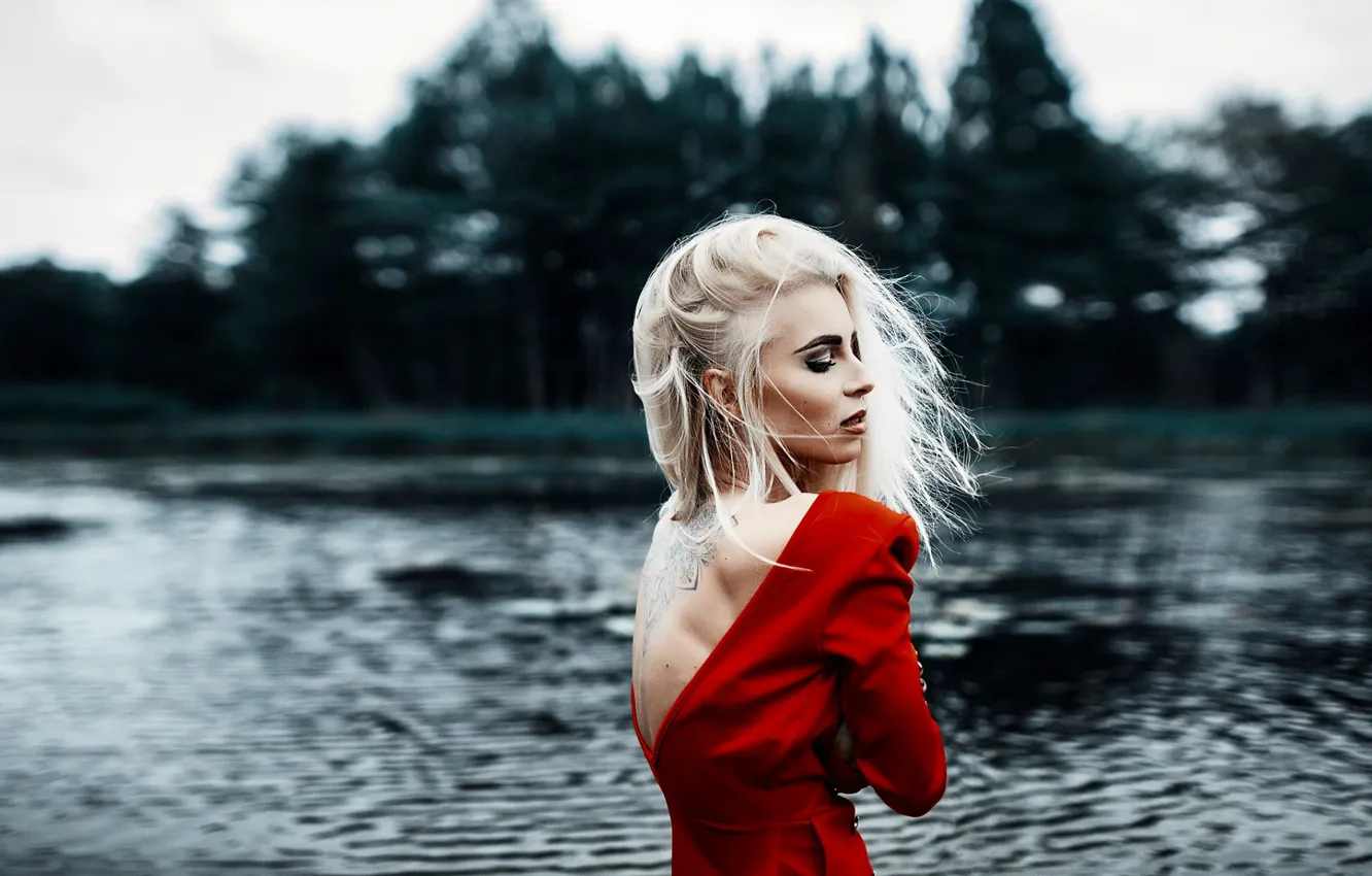 Photo wallpaper water, the wind, back, tattoo, blonde, tattoo, red dress