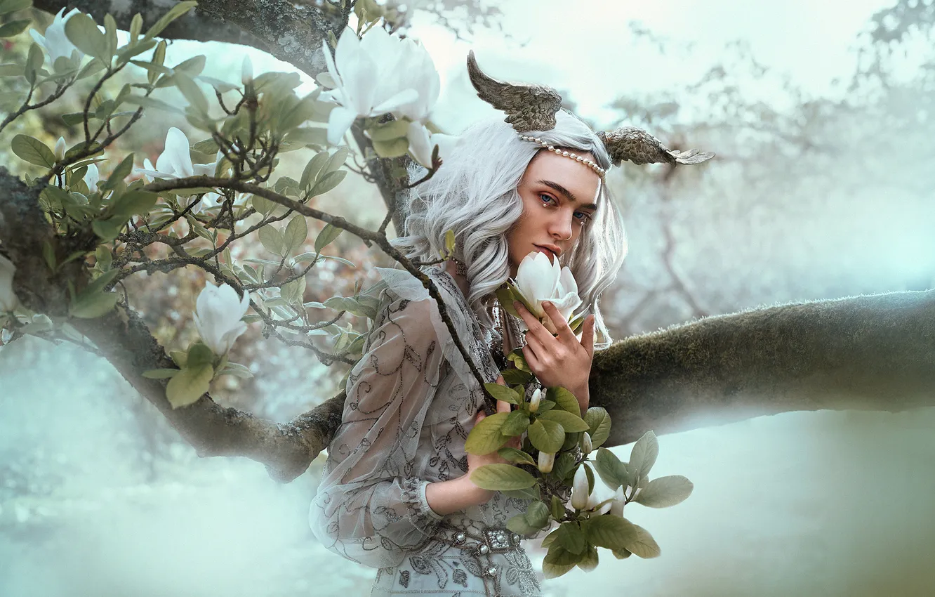 Photo wallpaper look, leaves, girl, decoration, trees, flowers, branches, nature