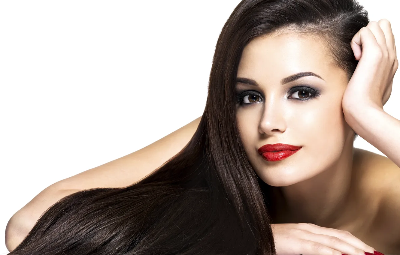 Photo wallpaper girl, portrait, hands, makeup, brunette, long hair