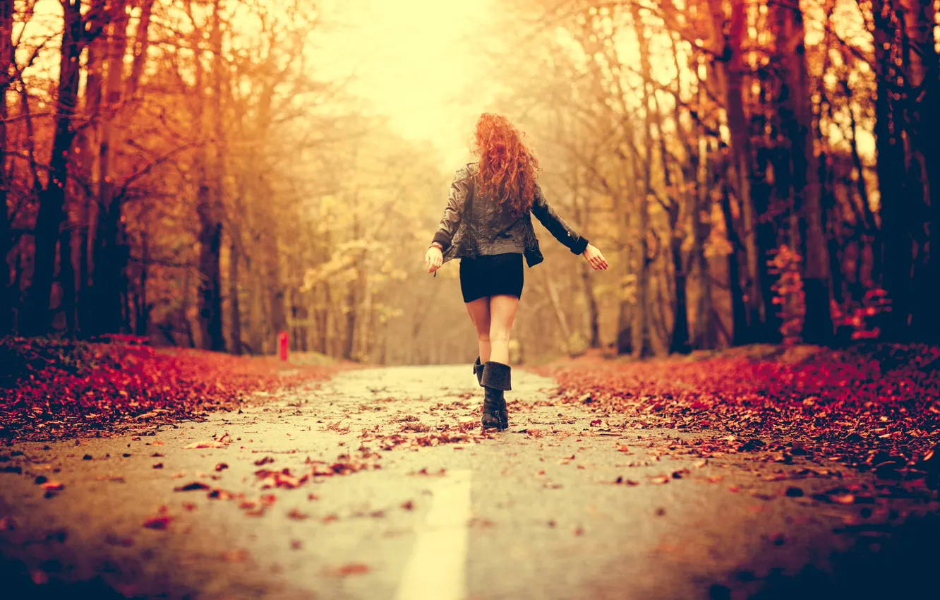 Photo wallpaper road, autumn, forest, look, girl, light, trees, nature