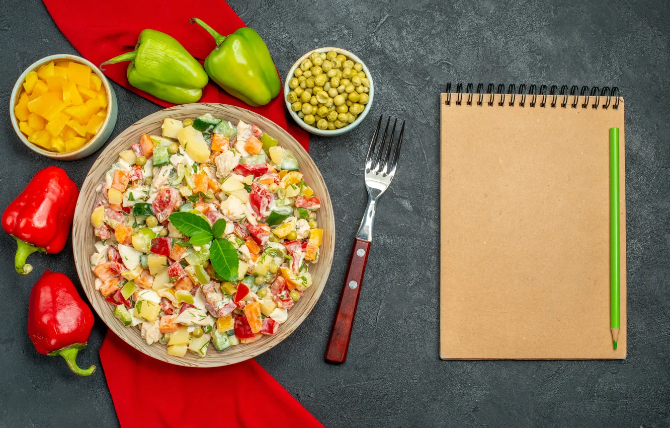 Photo wallpaper table, food, plate, vegetables, salad, submission