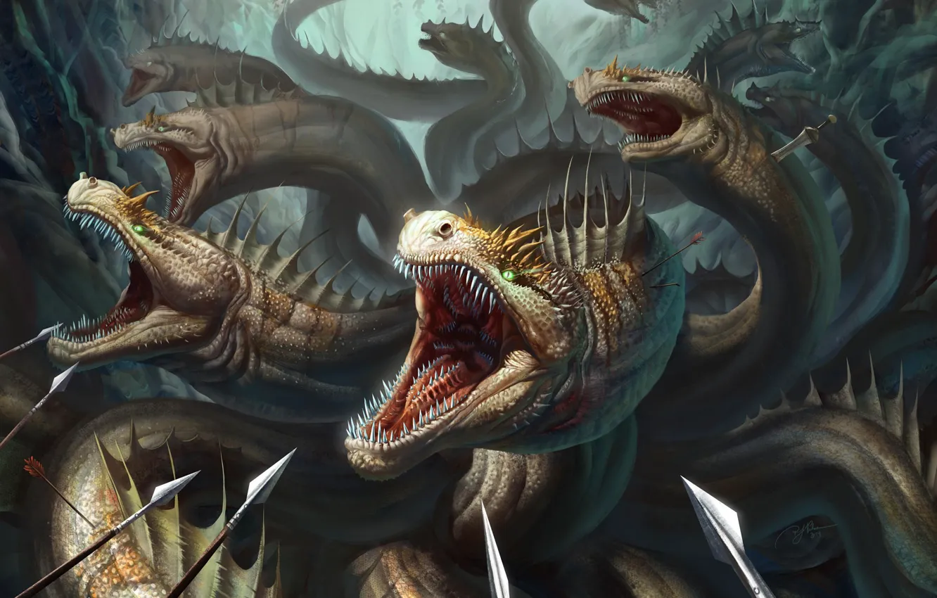 Photo wallpaper fiction, art, mouth, spear, Hydra