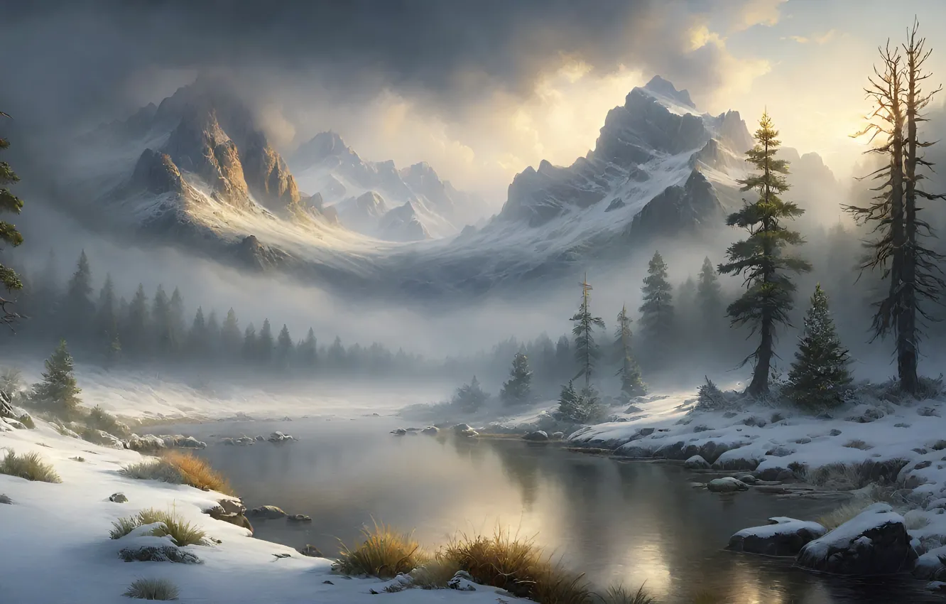 Photo wallpaper winter, forest, clouds, snow, mountains, fog, lake, stones