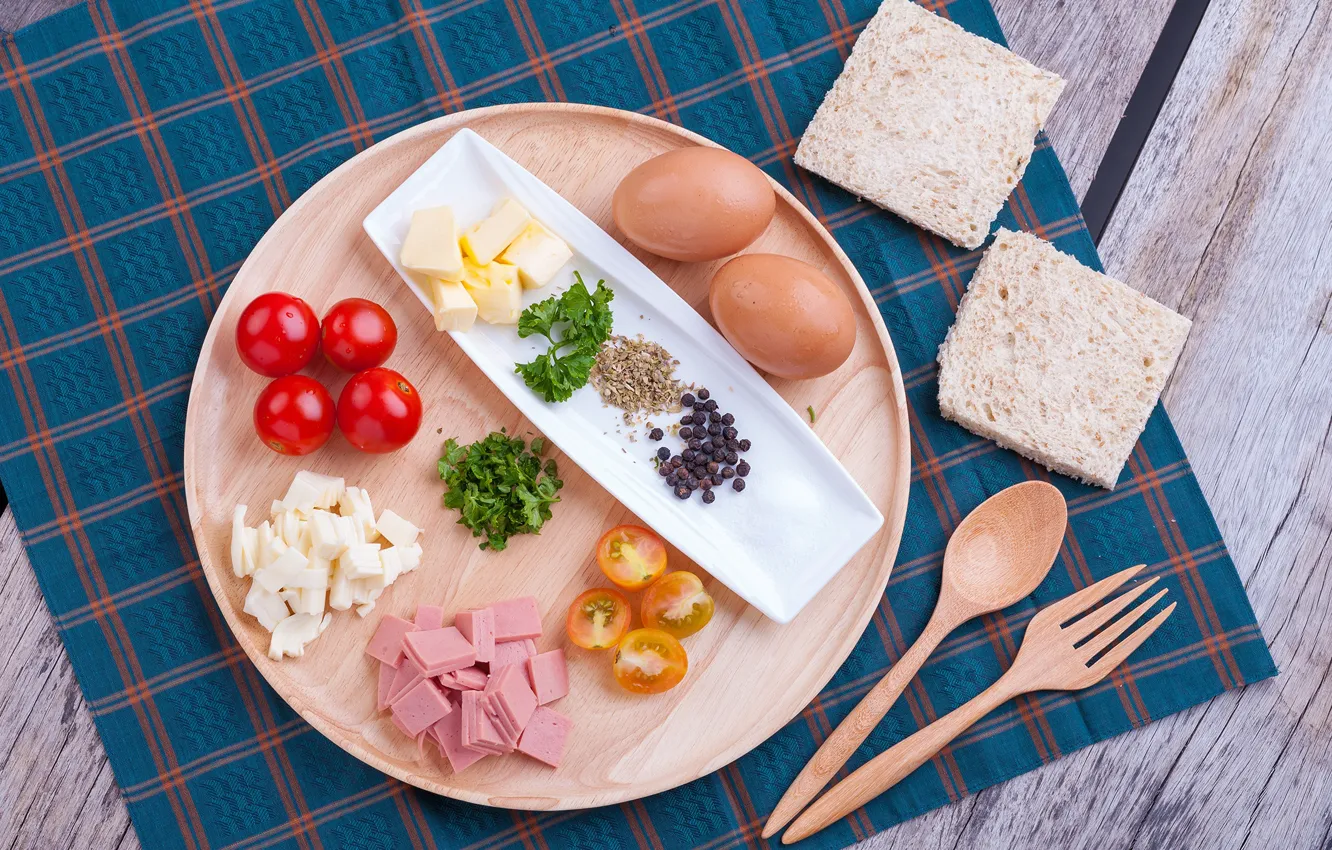 Photo wallpaper Board, eggs, Breakfast, bread, tomatoes, sausage, spices