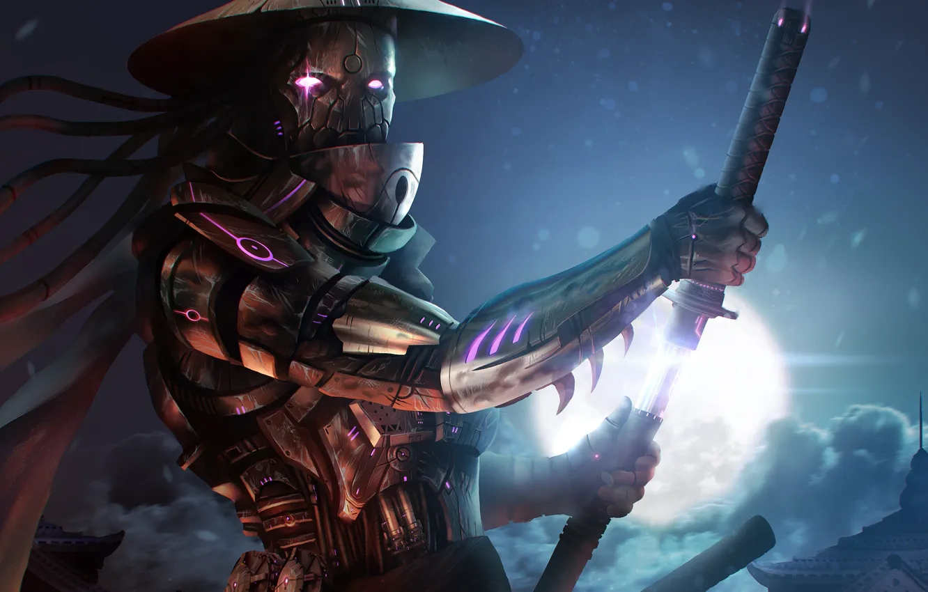 Photo wallpaper night, the moon, robot, sword, katana, samurai, the full moon, mech samurai