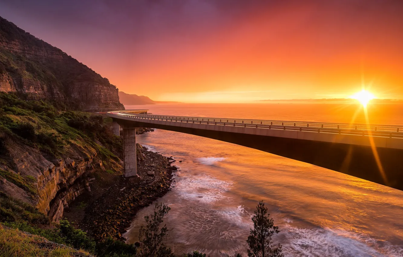 Photo wallpaper landscape, sunset, Sea Cliff Bridge, NSW Australia