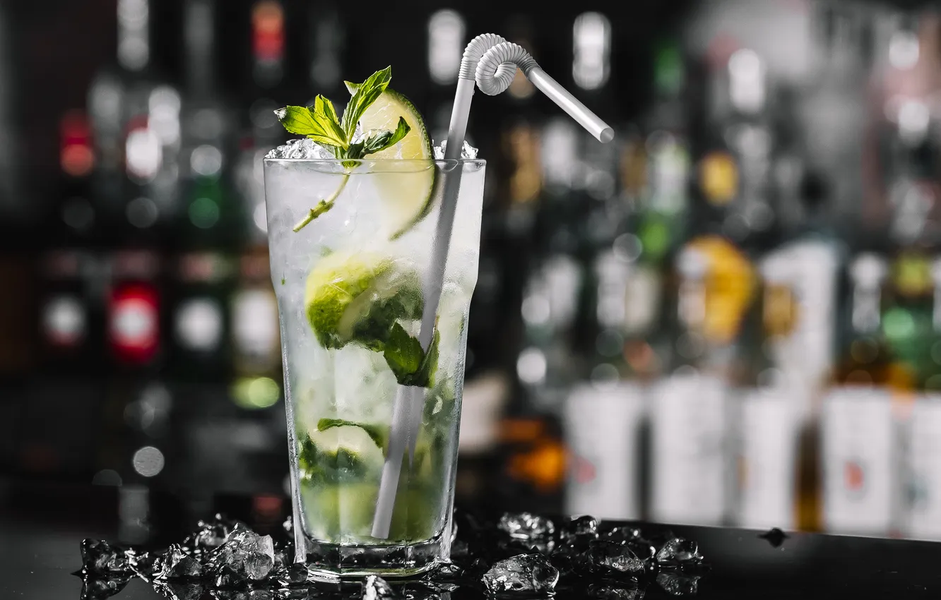 Photo wallpaper ice, mojito, cocktail, lime, mint, side view, rum