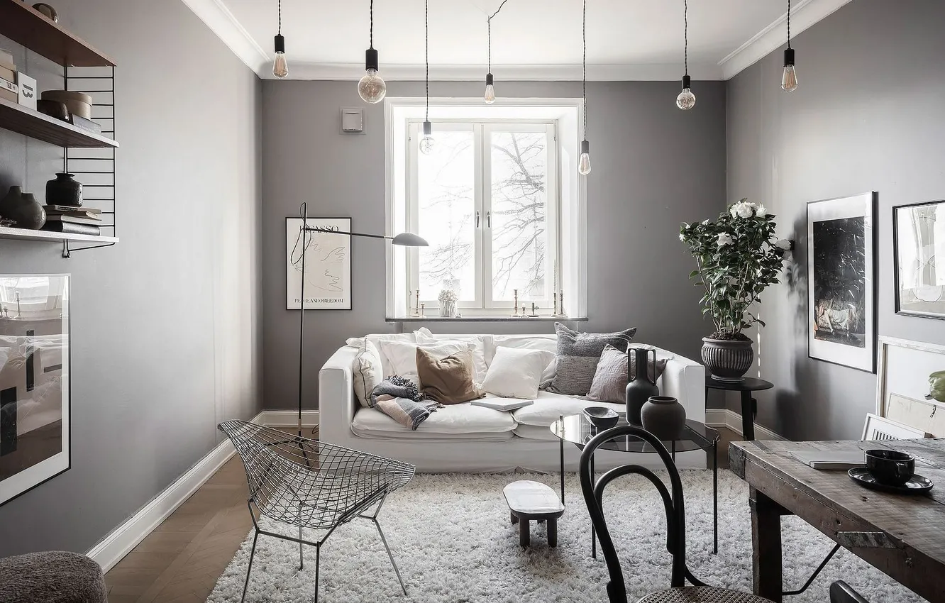 Photo wallpaper design, room, plant, interior, picture, sofa, living room, Scandinavian style