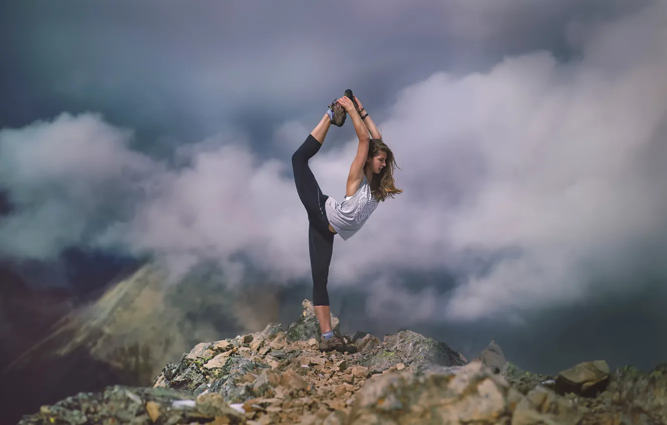 Photo wallpaper girl, clouds, mountains, athlete, Stretch, stretching