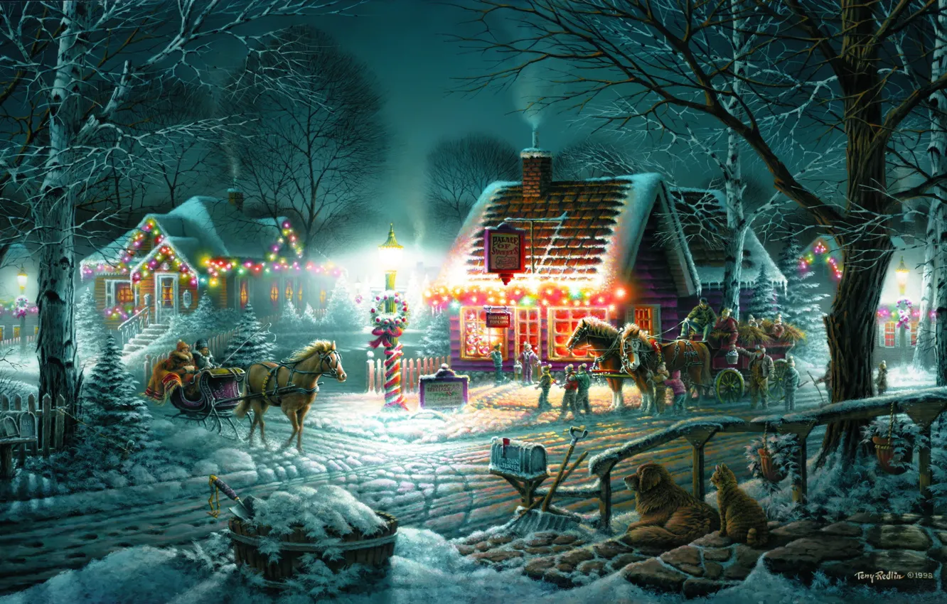 Photo wallpaper winter, snow, holiday, home, the evening, horse, wagon, sleigh
