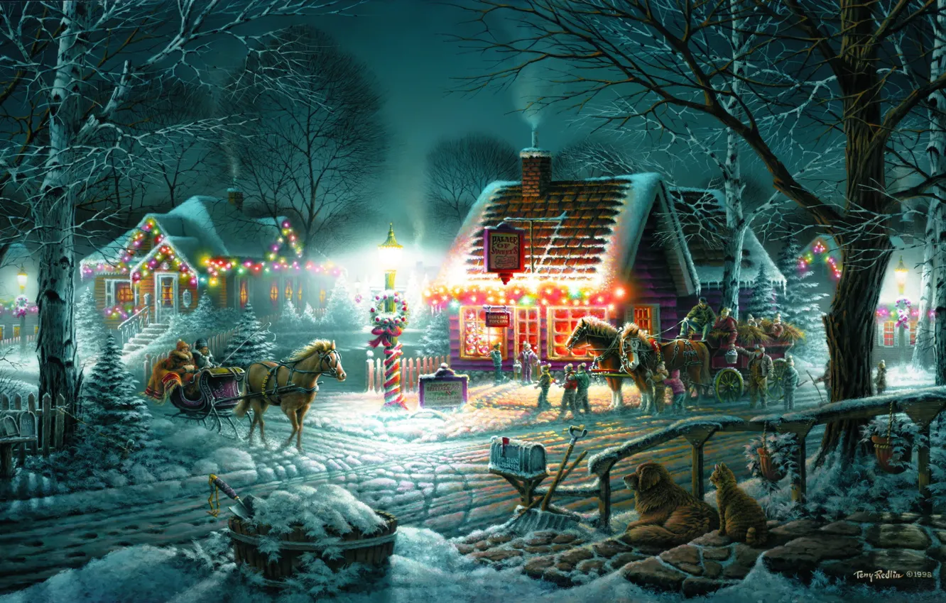 Photo wallpaper winter, snow, holiday, horse, home, the evening, wagon, sleigh