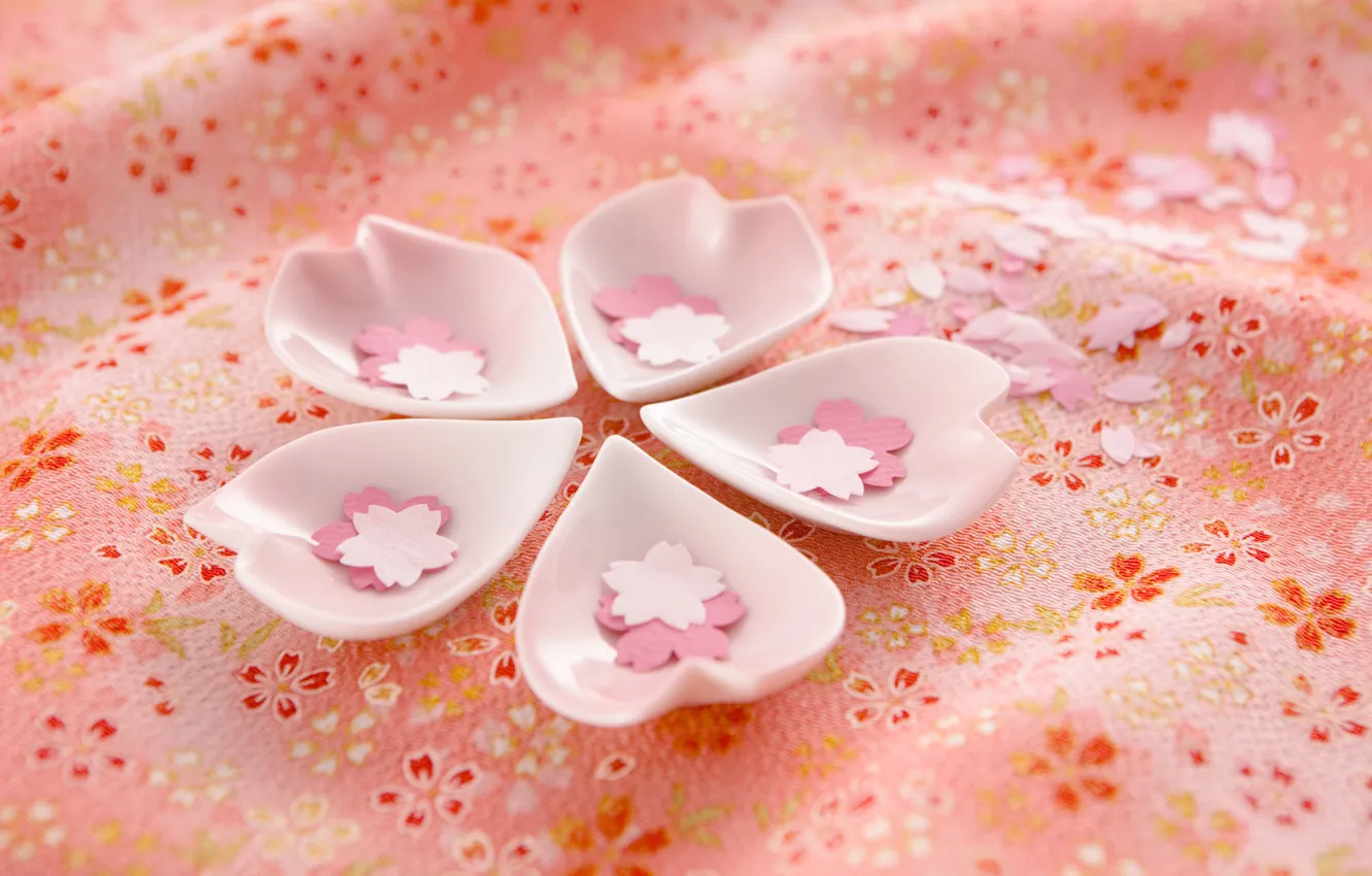 Photo wallpaper Cup, Japan, cherry blossoms, pink fabric