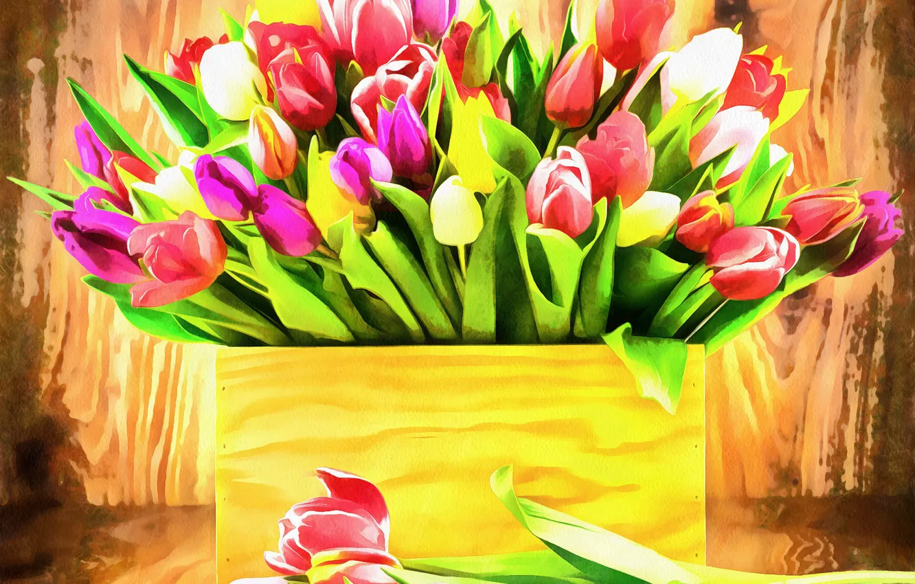 Photo wallpaper flowers, draws, tulips in a box