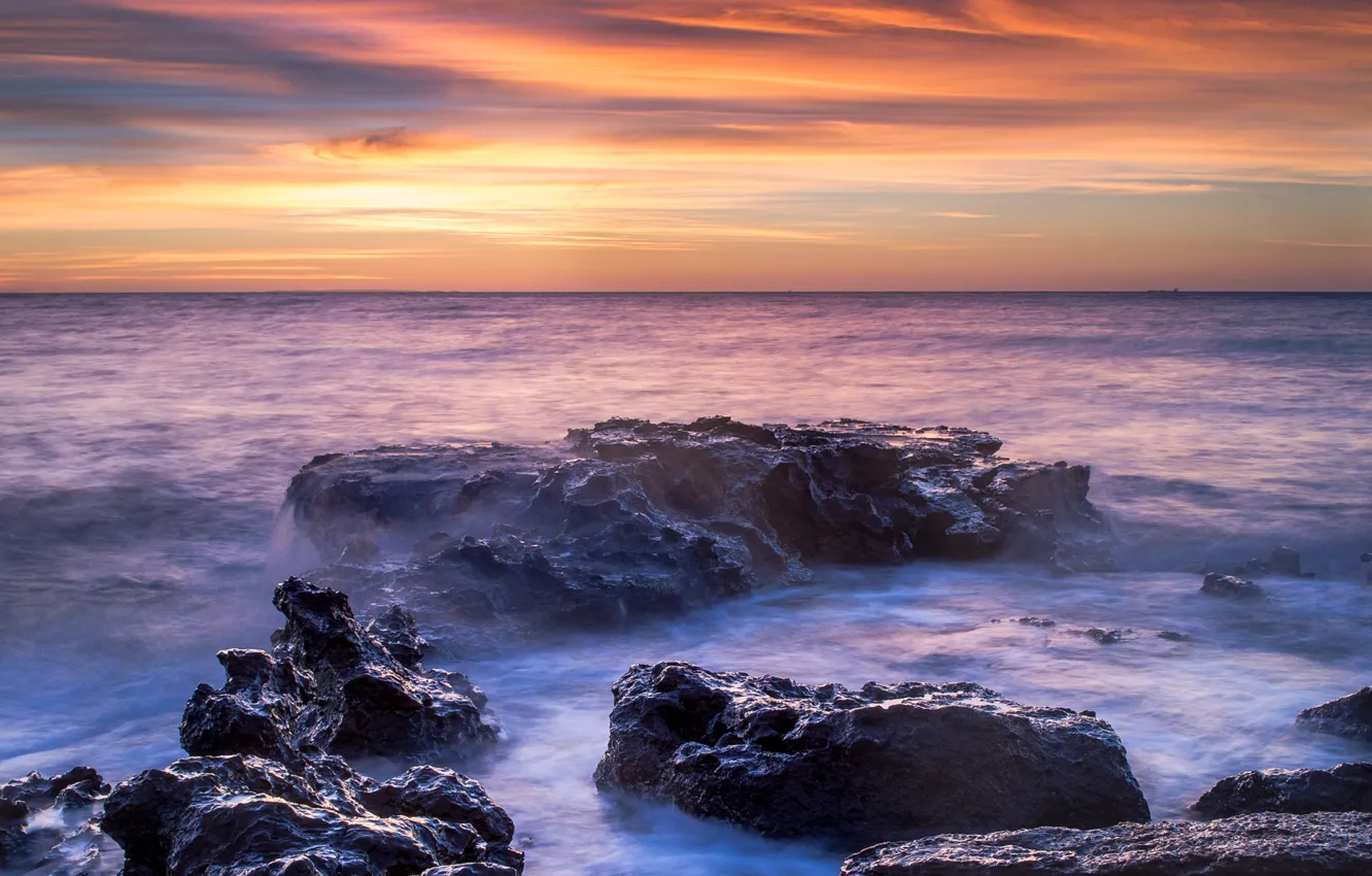 Photo wallpaper sea, water, sunset, stones, stones