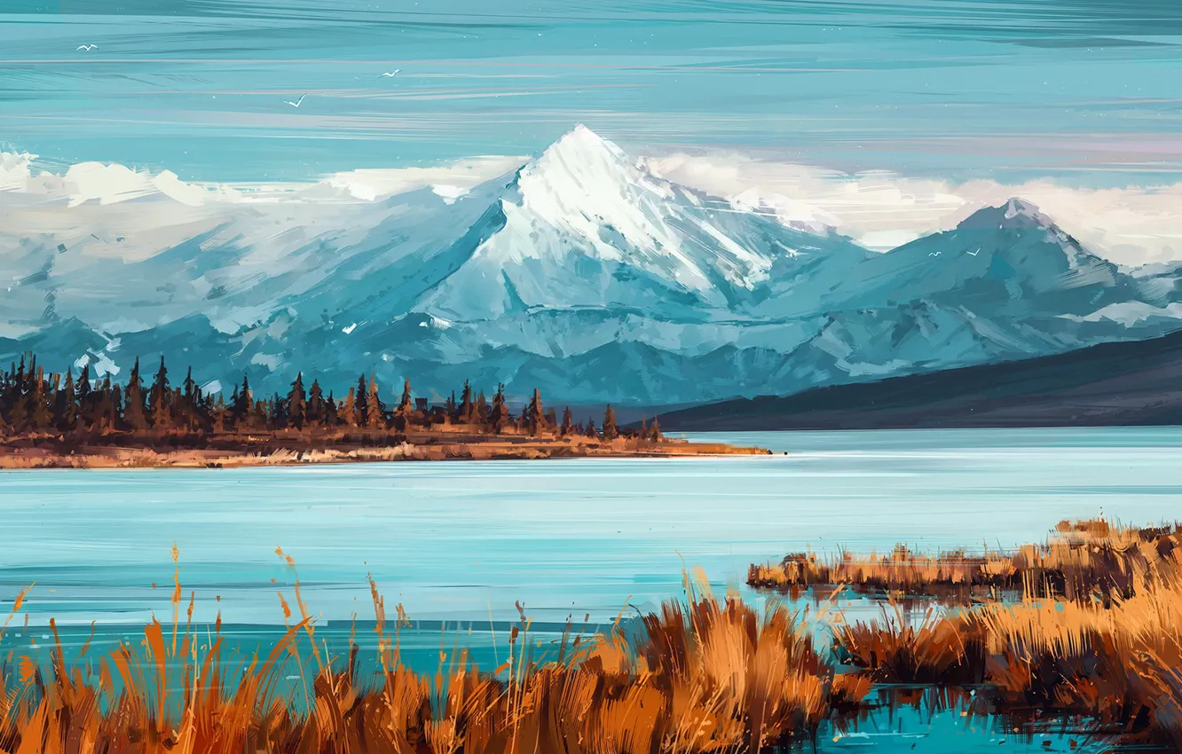 Photo wallpaper mountains, nature, river, figure, art, Illustration, Aenami, by Aenami