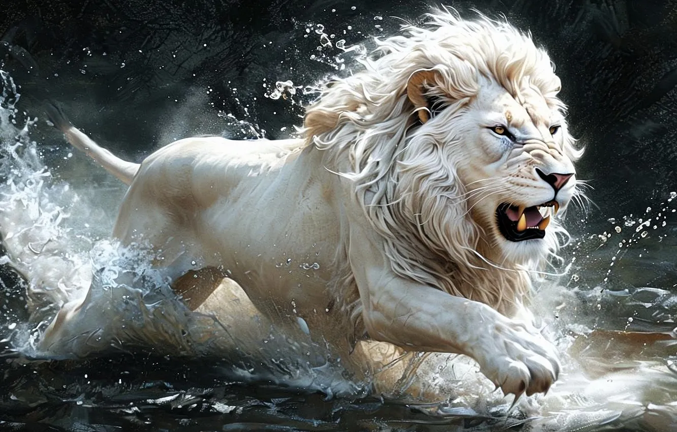 Photo wallpaper water, squirt, predator, power, grin, digital art, albino, white lion