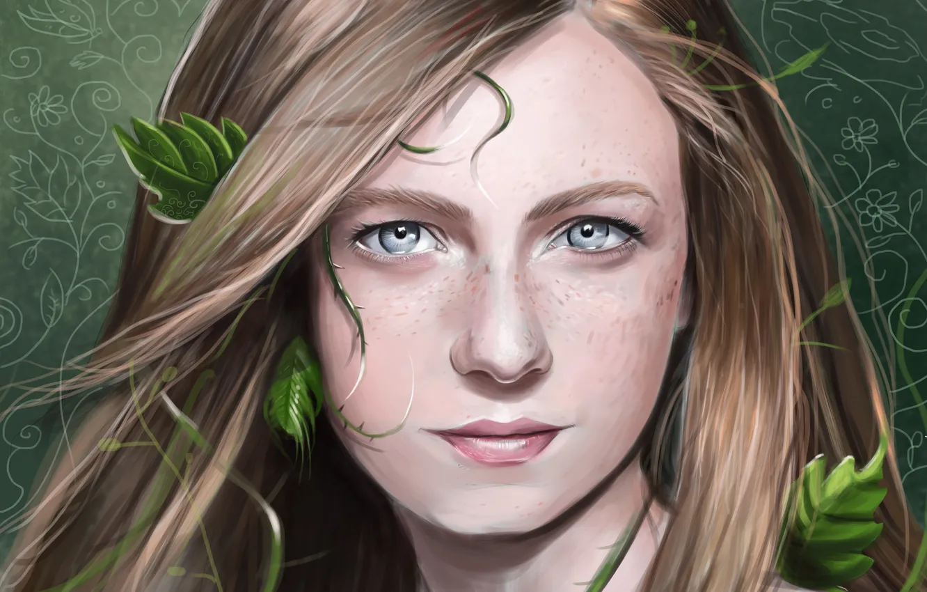 Photo wallpaper look, leaves, girl, plant, art, freckles