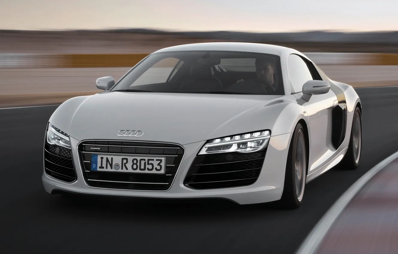 Photo wallpaper blue, background, Audi, Audi, supercar, racing track, the front, V10