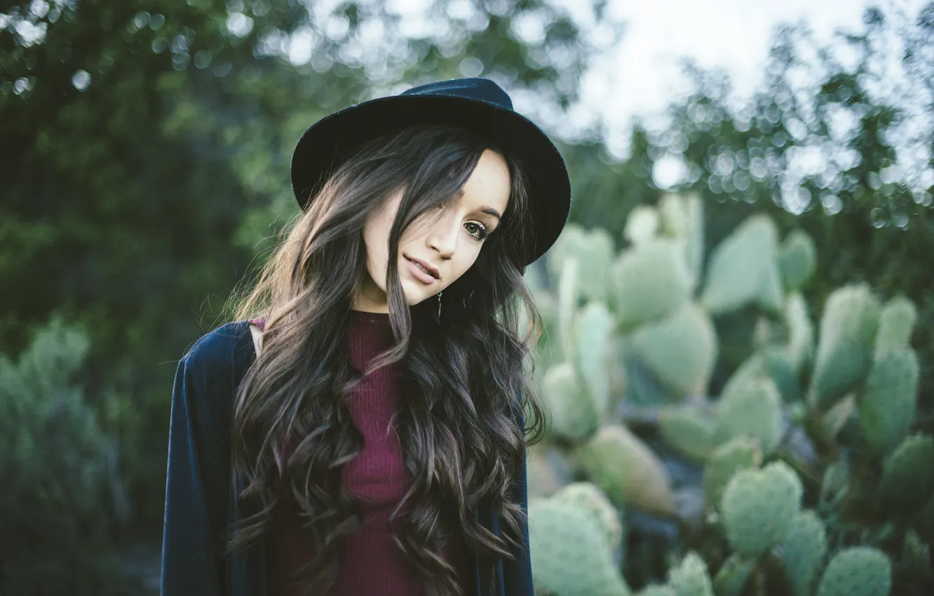 Photo wallpaper girl, hat, cactus, brunette