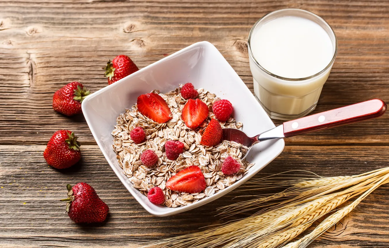 Photo wallpaper raspberry, milk, strawberry, cereal
